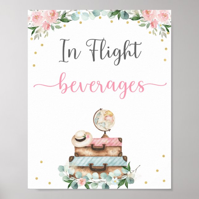 Pink Gold Floral Travel Bridal Shower Drinks Sign (Front)