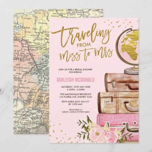 Pink & Gold Floral Travel Bridal Shower Invitation (Front/Back)