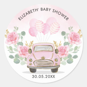 Pink Gold Floral Travel Drive By Shower Favours Classic Round Sticker