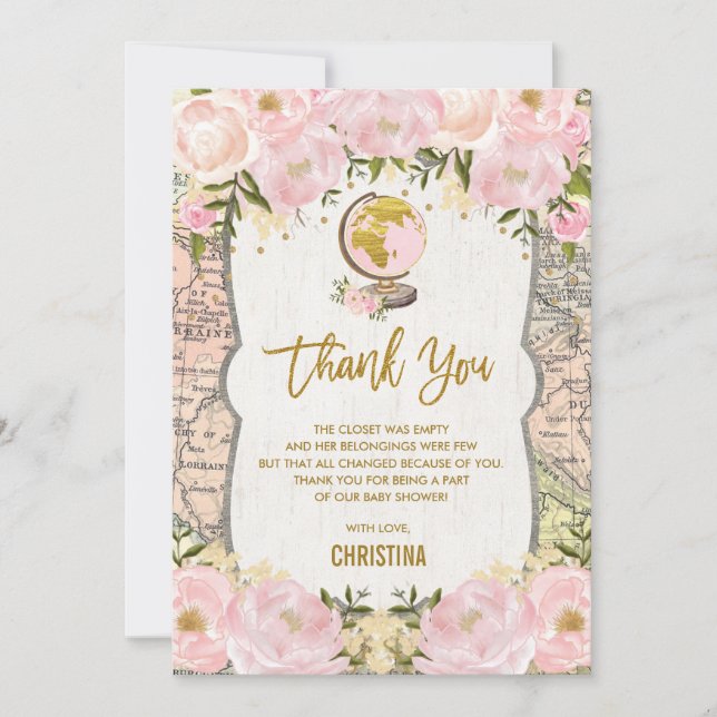 Pink Gold Floral Travel Map Baby Shower Thank You Card (Front)