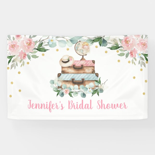 Pink Gold Floral Travel Miss to Mrs Bridal Shower Banner (Horizontal)