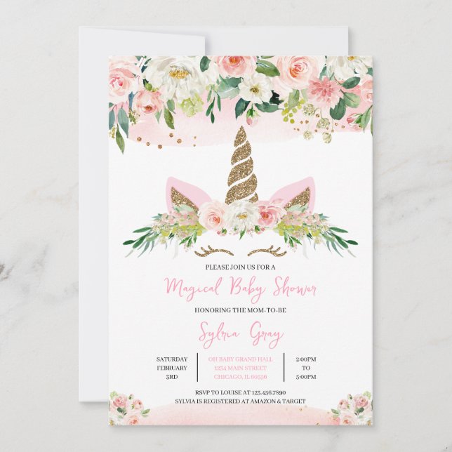 Pink Gold Floral Unicorn Baby Shower Invitation (Front)