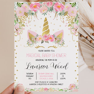 Pink Gold Floral Unicorn Baby Shower Invitation