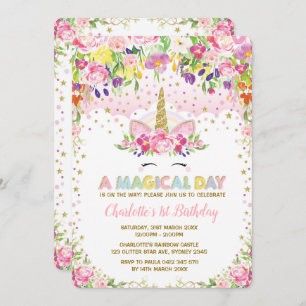 Pink Gold Floral Unicorn Birthday Invite Rainbow