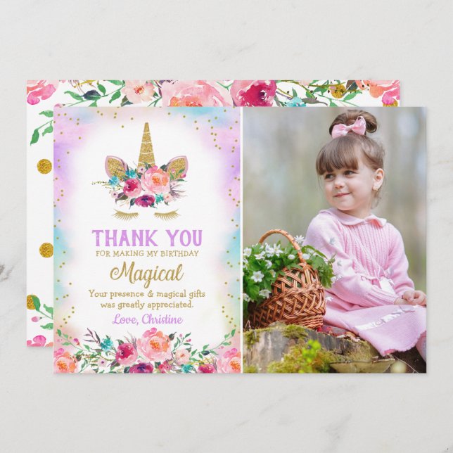 Pink Gold Floral Unicorn Birthday Photo Thank You (Front/Back)