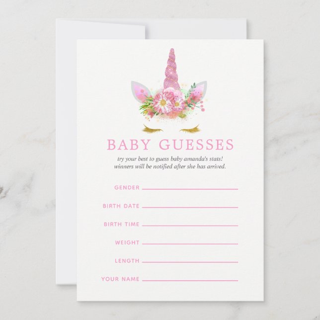 Pink & Gold Floral Unicorn Girl Baby Guesses (Front)