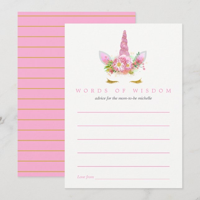 Pink & Gold Floral Unicorn Girl Baby Shower Advice Invitation (Front/Back)
