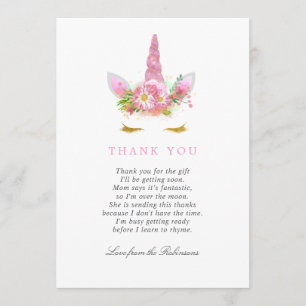 Pink & Gold Floral Unicorn Girl Baby Shower Thanks Thank You Card