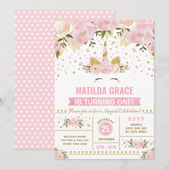 Pink Gold Floral Unicorn Magical Birthday Invitation (Front/Back)