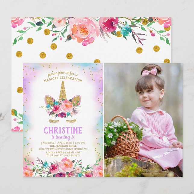 Pink & Gold Floral Unicorn Photo Birthday Party Invitation (Front/Back)