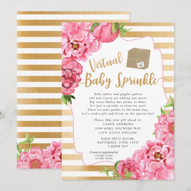 Pink Gold Floral Virtual Baby Sprinkle Invitation (Front/Back)