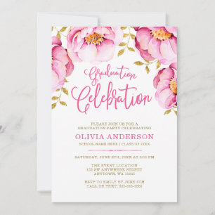Pink Gold Floral Watercolor Graduation Invitations