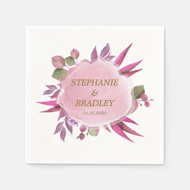 Pink Gold Floral Watercolor Modern Elegant Wedding Napkin (Front)