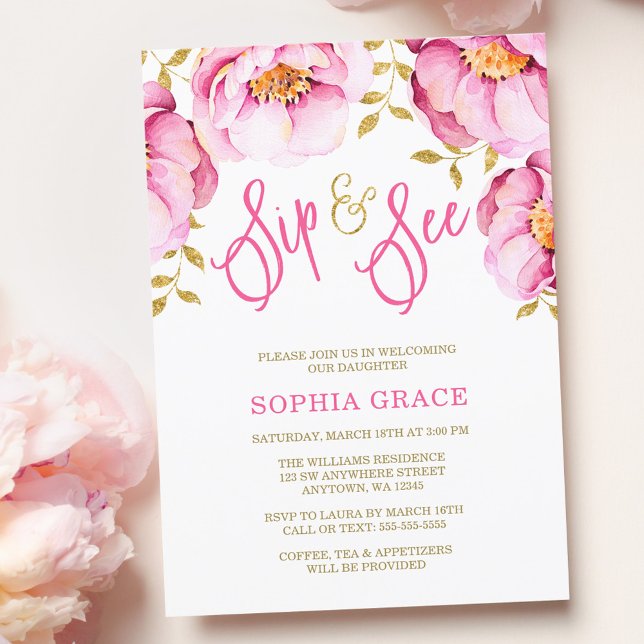 Pink Gold Floral Watercolor Sip and See Invitation (Creator Uploaded)