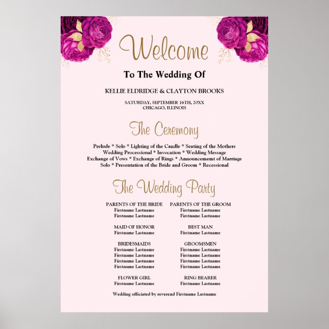 Pink/Gold Floral Wedding Ceremony Program Sign (Front)