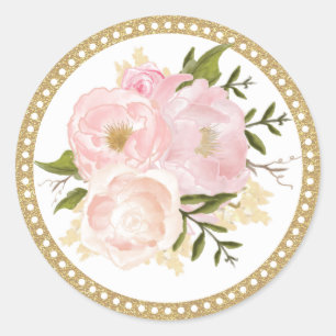 Pink Gold Floral Wedding Thank You Round Sticker