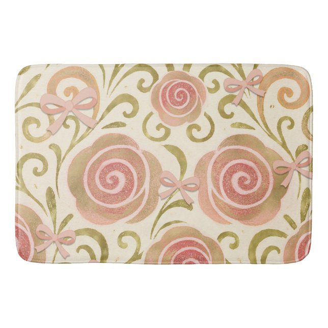 Pink & Gold Floral with Bows Princess Roses Bath Mat (Front)