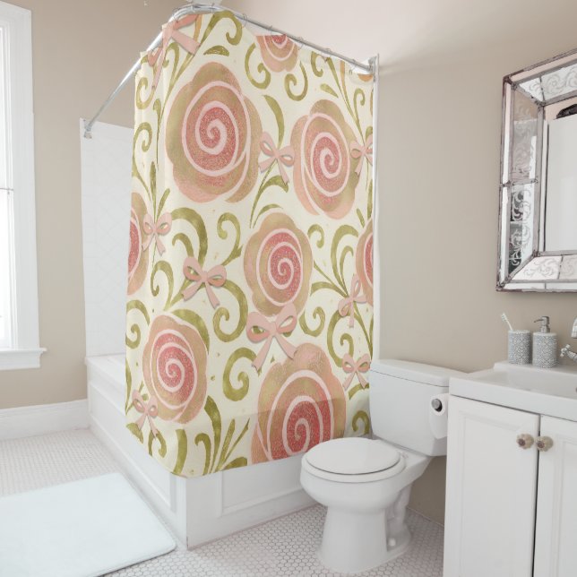 Pink & Gold Floral with Bows Princess Roses Shower Curtain (In Situ)