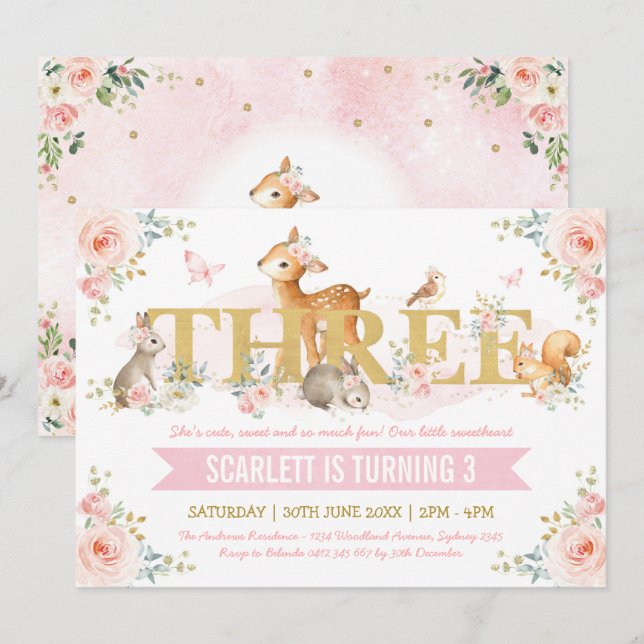 Pink Gold Floral Woodland Animals 3rd Birthday Invitation (Front/Back)