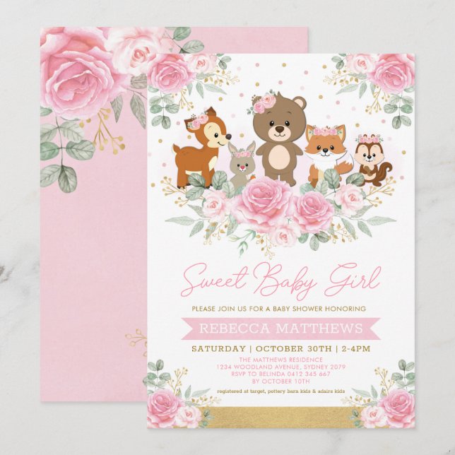 Pink Gold Floral Woodland Animals Baby Shower Invitation (Front/Back)