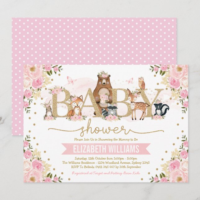 Pink Gold Floral Woodland Animals Girl Baby Shower Invitation (Front/Back)