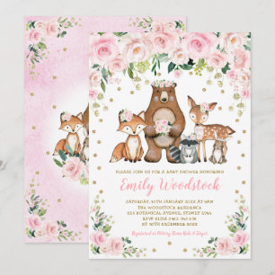 Pink Gold Floral Woodland Animals Girl Baby Shower Invitation