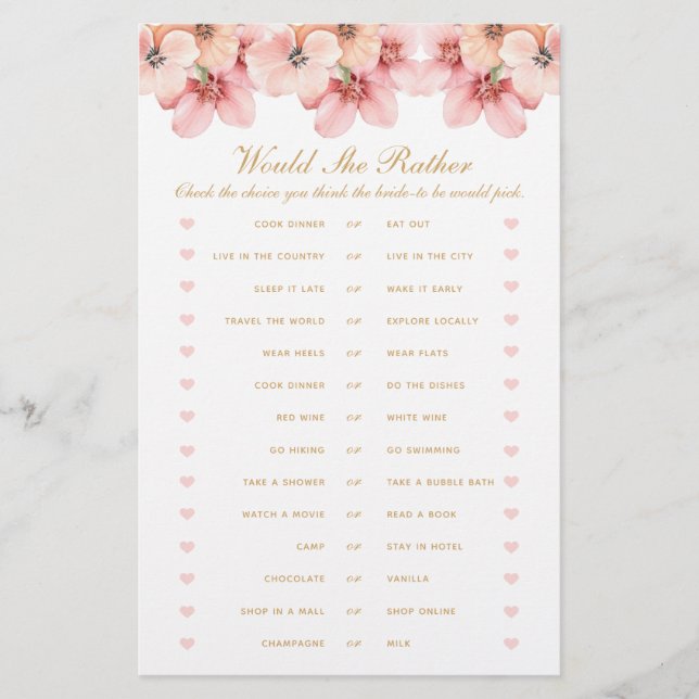 Pink Gold Floral Would She Rather Game Flyer (Front)
