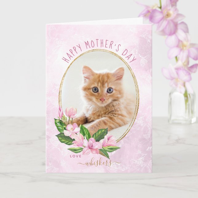 Pink Gold Floral Wreath Cat Photo Mother's Day Card (Orchid)