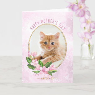 Pink Gold Floral Wreath Cat Photo Mother's Day Card