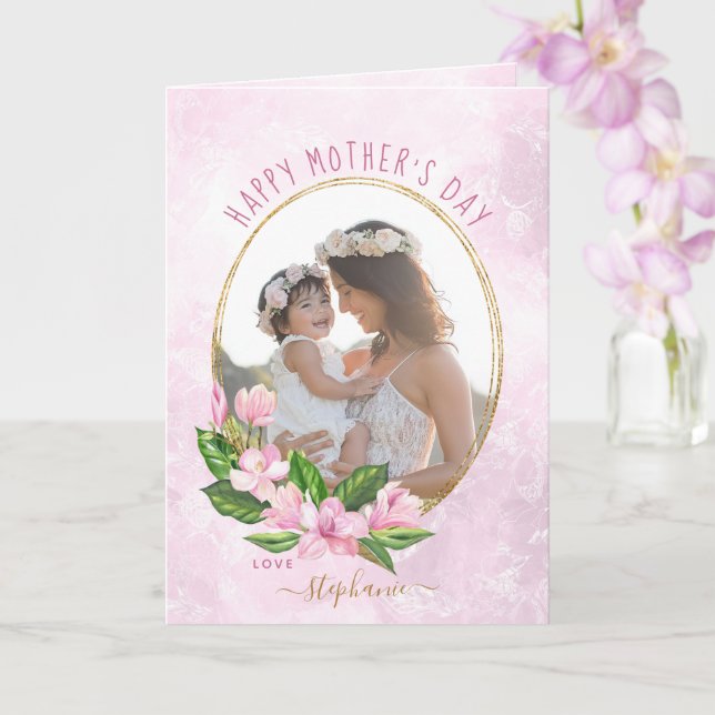 Pink Gold Floral Wreath Custom Photo Mother's Day Card (Orchid)