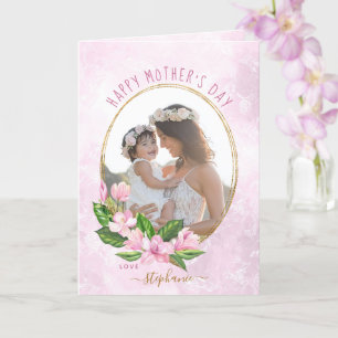Pink Gold Floral Wreath Custom Photo Mother's Day Card