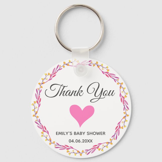 Pink & Gold Floral Wreath Thank You Baby Shower Key Ring (Front)
