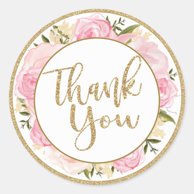 Pink & Gold Flower Wedding Thank You Round Sticker (Front)