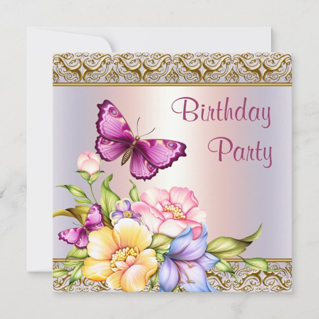 Pink Gold Flowers Butterfly Womans Birthday Party Invitation (Front)
