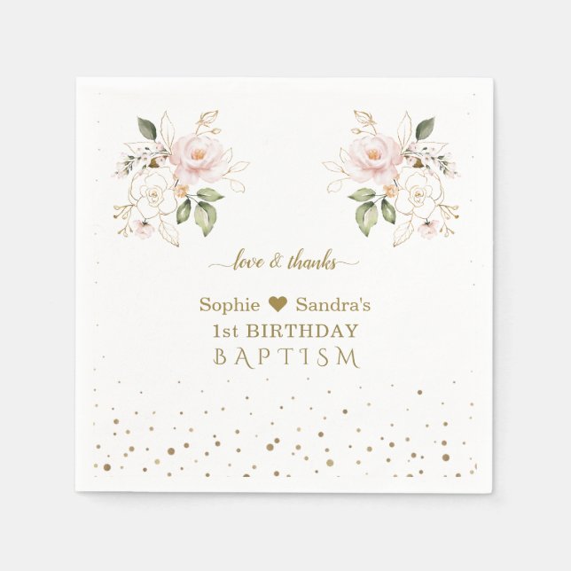 Pink Gold Flowers Girls Twins 1st Birthday Baptism Napkin (Front)