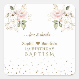Pink Gold Flowers Girls Twins 1st Birthday Baptism Square Sticker