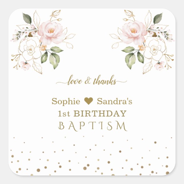 Pink Gold Flowers Girls Twins 1st Birthday Baptism Square Sticker (Front)