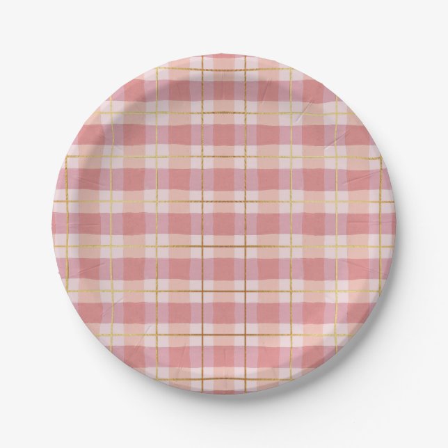 Pink & Gold Foil Buffalo Plaid Paper Plate (Front)