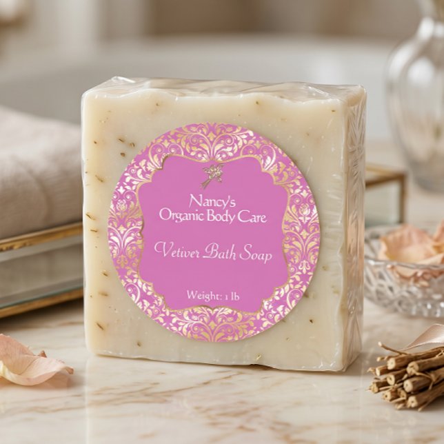 Pink & gold foil damask soap cosmetics label - 3 (Creator Uploaded)