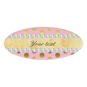 Pink Gold Foil Polka Dots Diamonds Name Tag