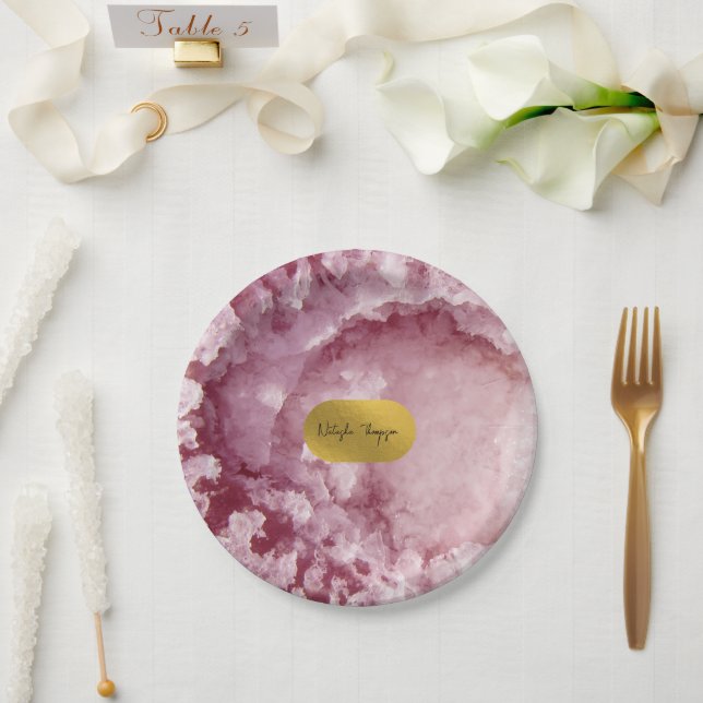 Pink Gold Foil Sea Crystals Signature  Paper Plate (Wedding)