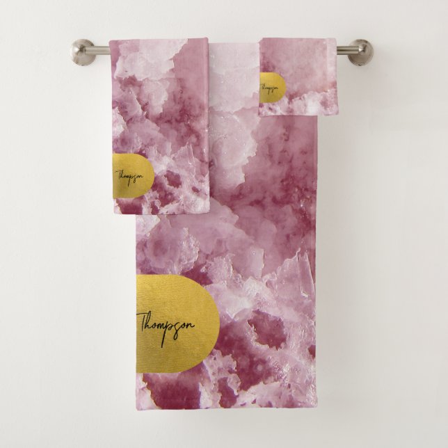 Pink Gold Foil Sea Crystals Signature Script  Bath Towel Set (Insitu)