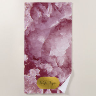 Pink Gold Foil Sea Crystals Signature Script   Beach Towel