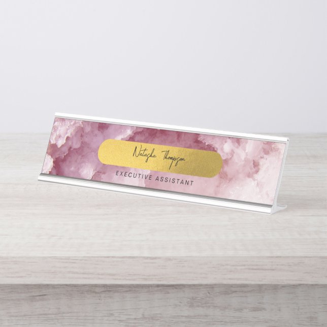 Pink Gold Foil Sea Crystals Signature Script   Desk Name Plate (Front)