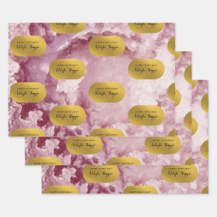 Pink Gold Foil Sea Crystals Signature Script  Wrapping Paper Sheet