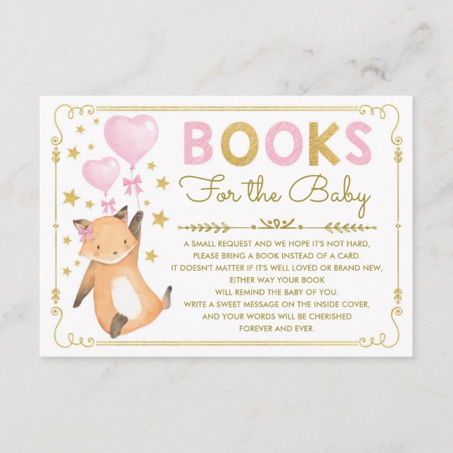 Pink Gold Fox Baby Girl Shower Bring a Book Card (Front)