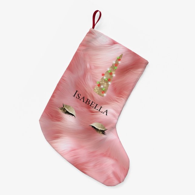 Pink Gold Fur Sparkle Glam Unicorn Lights Small Christmas Stocking (Front (Hanging))