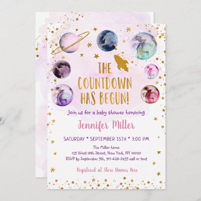 Pink Gold Galaxy Countdown Has Begun Baby Shower Invitation (Front/Back)