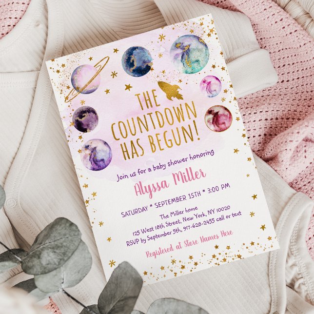 Pink Gold Galaxy Countdown Has Begun Baby Shower Invitation (Creator Uploaded)