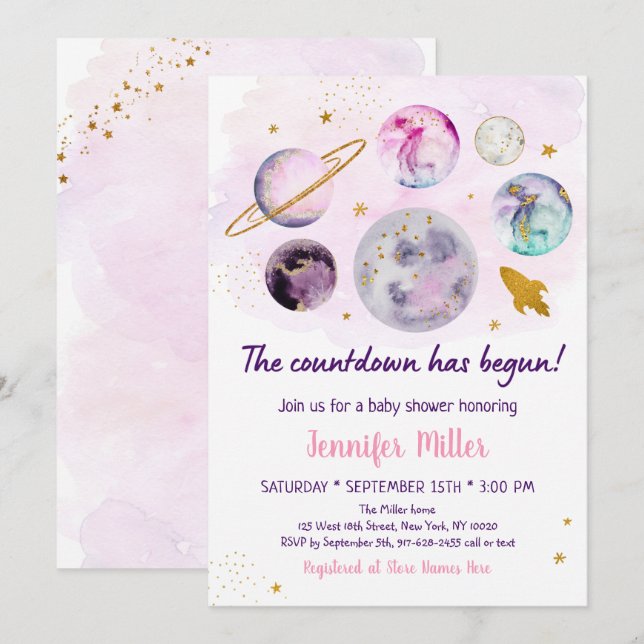 Pink Gold Galaxy Countdown Has Begun Baby Shower Invitation (Front/Back)